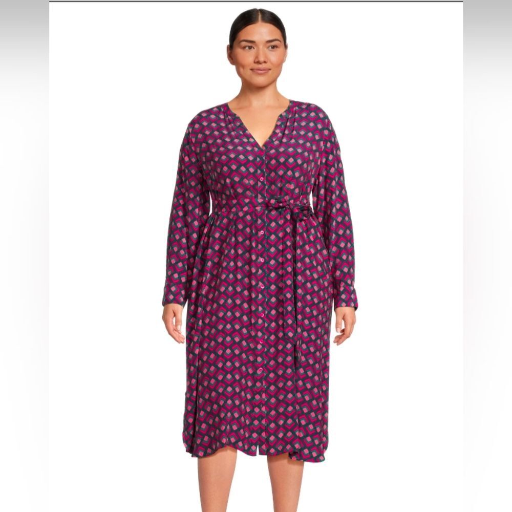 NWT Terra & Sky Maxi Plus Size 4X Midi Shirtdress Stylish Geometric Button Down